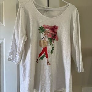 CJ Banks Women’s Tee Size 1X White with Lady Shopping Bag 3/4 Sleeve Print EC2